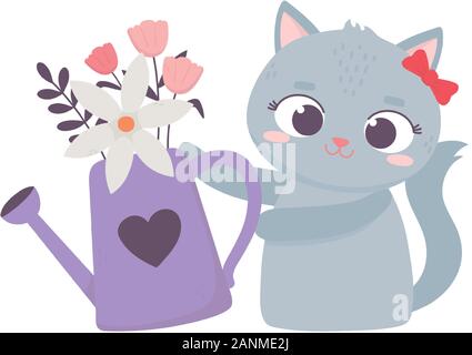 Happy Valentines Tag, süße Katze mit Gießkanne blumen Vector Illustration Stock Vektor