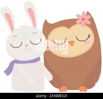 Süße Tiere Kaninchen mit Schal und Eule mit Blume cartoon Vector Illustration Stock Vektor