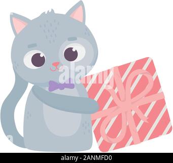 Happy Valentines Day, niedliche Tiere graue Katze mit Geschenkbox Vector Illustration Stock Vektor