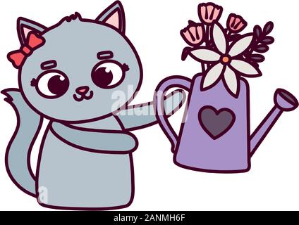 Happy Valentines Tag, süße Katze mit Gießkanne blumen Vector Illustration Stock Vektor