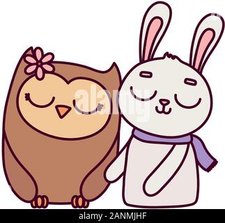 Süße Tiere Kaninchen mit Schal und Eule mit Blume cartoon Vector Illustration Stock Vektor