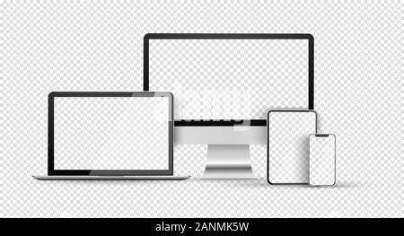 Leer computer monitor, Telefon, Tablet-PC und Laptop. Gerät mit leeren Bildschirm eingestellt. Realistische Satz Monitor, Laptop tablet, auf transparenten bac-Smartphone Stock Vektor