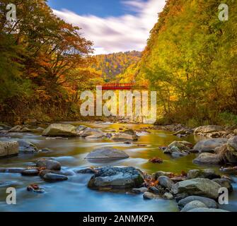 Herbst in Jozankei mit Futami Suspension Bridge im Hintergrund Stockfoto