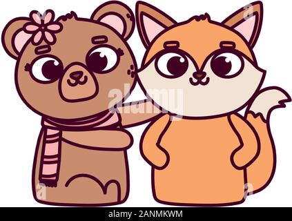 Happy Valentines Day, niedliche Tiere Bär und Fuchs Liebe cartoon Vector Illustration Stock Vektor