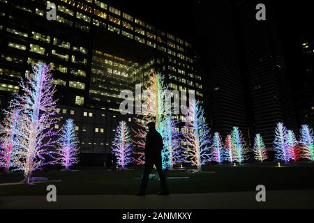 London, Großbritannien. 17 Jan, 2020. Eine Person geht durch eine Lichtinstallation mit dem Titel Sasha Bäume von Adam Dekolicht während eines Winters Licht am Canary Wharf in London, Großbritannien, Jan. 17, 2020 zeigen. Quelle: Tim Irland/Xinhua/Alamy leben Nachrichten Stockfoto