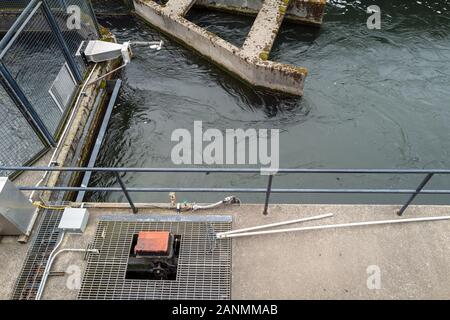 Elektrische Torsteuerung für den Fischpass an der Bonneville Dam, Cascade Locks, Oregon, USA Stockfoto