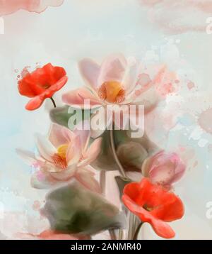 Frühlings- und Sommerblumenauswahl - Mohn und Seerosen im Wasserfarben-Stil Stockfoto