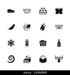 Waschen Symbole - Erweitern zu jeder Größe - Änderung einer beliebigen Farbe. Flache Vector Icons - Schwarz Abbildung auf weißen Hintergrund. Stock Vektor