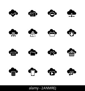 Cloud Computing Symbole - Erweitern zu jeder Größe - Änderung einer beliebigen Farbe. Flache Vector Icons - Schwarz Abbildung auf weißen Hintergrund. Stock Vektor