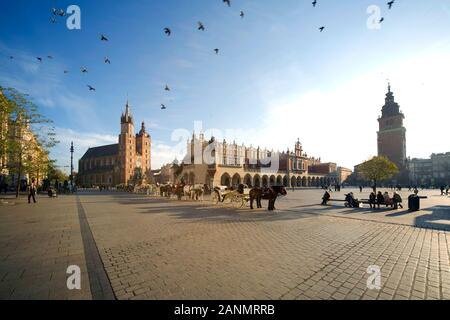 Kutschen, die Tuchhallen, St Mary die Jungfrau Basilika und Rathaus am Hauptmarkt, Krakau, Polen, Europa Stockfoto