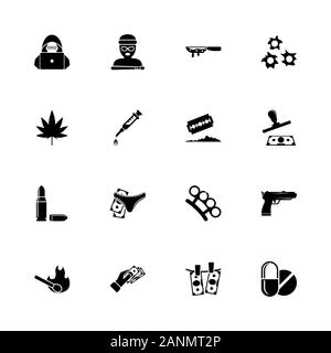 Kriminalität Symbole - Erweitern zu jeder Größe - Änderung einer beliebigen Farbe. Flache Vector Icons - Schwarz Abbildung auf weißen Hintergrund. Stock Vektor