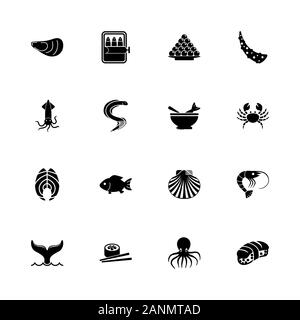 Sea Food Icons - Erweitern zu jeder Größe - Änderung einer beliebigen Farbe. Flache Vector Icons - Schwarz Abbildung auf weißen Hintergrund. Stock Vektor