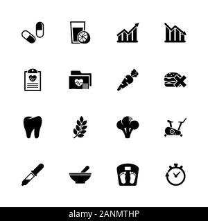 Gesunder Lebensstil Symbole - Erweitern zu jeder Größe - Änderung einer beliebigen Farbe. Flache Vector Icons - Schwarz Abbildung auf weißen Hintergrund. Stock Vektor