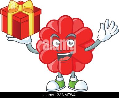 Happy Face chinesische rote Blume cartoon Charakter, der eine Box mit Geschenk Stock Vektor