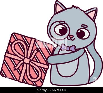 Happy Valentines Day, niedliche Tiere graue Katze mit Geschenkbox Vector Illustration Stock Vektor
