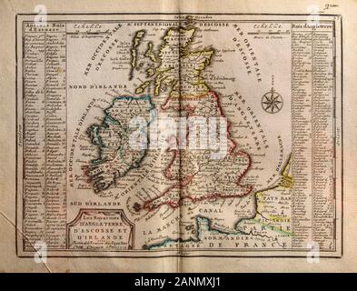 Karte von 1719 mit der königreiche von England, Schottland und Irland und den Namen ihrer Könige. Von Frankreich und den Niederlanden 1719. Stockfoto