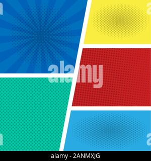 Comic Seite Schablone mit radialen halftone Effekte und Strahlen im Pop-Art-Stil. Bunte leeren Hintergrund. Vector Illustration eps 10. Stock Vektor