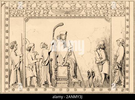 Persische König auf seinem Thron, mit seinem Keil Halter. Persepolis zeremoniellen Hauptstadt des achämenidischen Reiches. Provinz Fars. Iran. Alte Stahl Gravierte antike Stockfoto