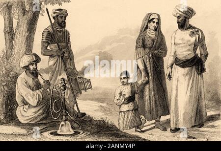 Persische Männer rauchen die narguile und perses de Bombay. In der Nähe von Isfahan. Iran. Alte Stahl Gravierte antiken Drucken. In L'Univers La Perse veröffentlicht, in 1841. Stockfoto