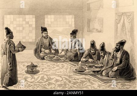 Der traditionellen persischen Mittagessen. Iran. Alte Stahl Gravierte antiken Drucken. In L'Univers La Perse veröffentlicht, in 1841. Geschichte der alten persischen Reiches Stockfoto