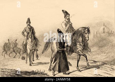 Persische Männer rauchen die narguile auf dem Pferd. Iran. Alte Stahl Gravierte antiken Drucken. In L'Univers La Perse veröffentlicht, in 1841. Geschichte des Ancien Stockfoto