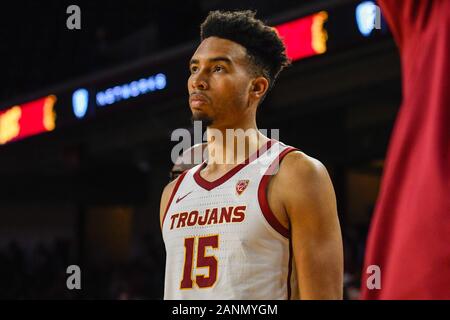 Southern California Trojans vorwärts Jesaja Mobley (15) Bevor ein NCAA College Basketball Spiel, Donnerstag, Januar 16, 2020, in Los Angeles. Die Trojaner besiegten die Bohnen, 88-56. (Foto von IOS/ESPA-Bilder) Stockfoto