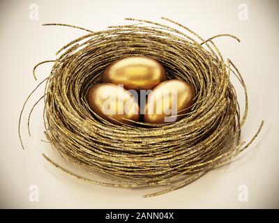 Gold Eier im Nest. 3D-Darstellung. Stockfoto