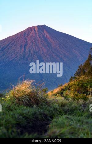 (Selektive Fokus) einen atemberaubenden Blick auf den Mount Rinjani beleuchtet durch einen wunderschönen Sonnenaufgang. Stockfoto