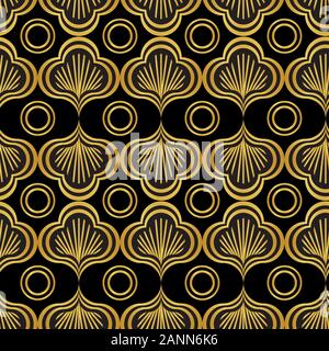Art déco-goldene Blätter und Kreise nahtlose Vektor Muster auf einem dunklen Hintergrund Stock Vektor