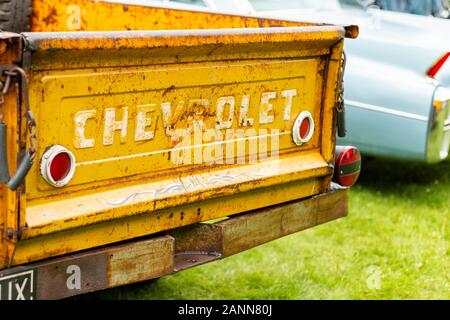 Rückansicht eines alten gelben Chevrolet Trucks mit rostiger Heckklappe und klassischen Autos, die in der Nähe auf einem grasbewachsenen Feld geparkt sind Stockfoto