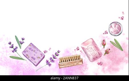 Aquarell Banner mit Körperpflege Accessoires. Wellness und Kosmetik mit Hand gemalten Hintergrund. Lavendel Seife, Rosencreme, Blumen. Realistisch Stockfoto