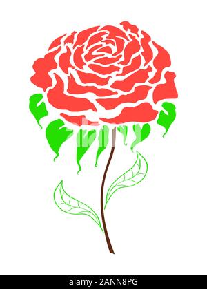 Abstrakte Zeichnung einer Rose auf weißem Hintergrund. Flache Vector Illustration. Flat Style von Red Rose mit Blättern. Stock Vektor