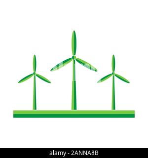 Windenergieanlagen in das Feld Vector Illustration. Grüne Windenergieanlagen in flacher Ausführung. Stock Vektor