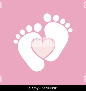 Einfache baby Footprints-Vector Illustration. Rosa Fußabdrücke von Baby mit Bild des Herzens im Inneren. Stock Vektor