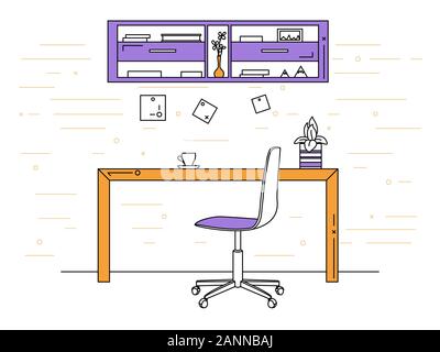 Büro in einer linearen Stil. Arbeitsplatz mit einem Computer. Vektor Stock Vektor