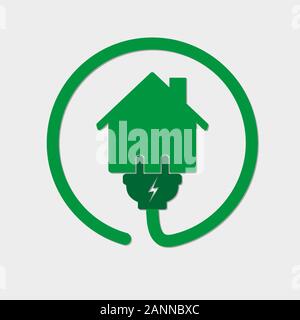 Silhouette von Haus mit Kabel Stecker und Buchse-Vector Illustration. Grünes Symbol mit Haus und Kabel Gabel auf weißem Hintergrund. Konzept der Verbindung ein Stock Vektor