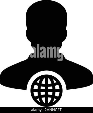 Symbol Verbindung vektor Globus mit einer männlichen Person Profil avatar Symbol für ein Business Netzwerk in einem flachen Farbe glyphe Piktogramm Abbildung Stock Vektor
