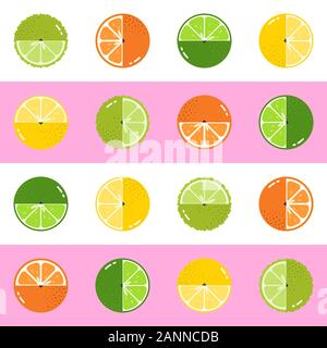 Obst Zitrusfrüchte vielseitig orientierte nahtlose Vektor Muster auf rosa und weißen horizontalen Streifen Hintergrund Stock Vektor