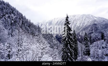 Landschaft von Wald Tal dreamscape Hallstatt im Winter Schnee Berge Landschaft führt zu den alten Salzbergwerk von Hallstatt, Österreich Stockfoto