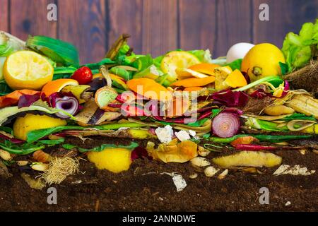 Bunte Komposthaufen von rotting Küche Gemüse, bestehend aus Zitrone und Zwiebel schält und Blumenkohl Blätter Stockfoto