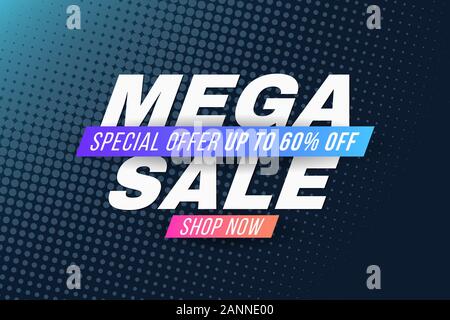 Web Text Banner für Mega Sale. Abdeckung für Ihr Projekt. Angebot und große Rabatte. Hintergrund mit halftone Wirkung. Vector Illustration. Stock Vektor