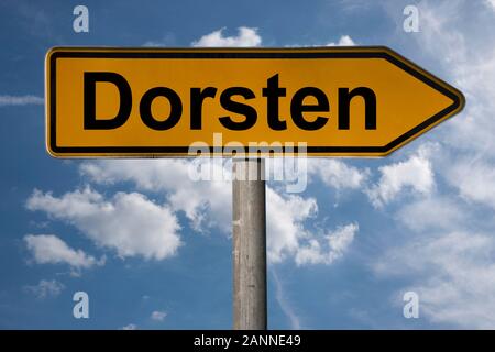 Detail Foto von einem Wegweiser mit der Aufschrift Dorsten, Nordrhein-Westfalen, Deutschland, Europa Stockfoto