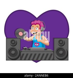 DJ mit Album DJ-Pult mischen die Musik der Dynamik des Herzens. Vektor Bild. Cartoon. Stock Vektor