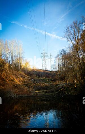 Zwei Strompylone umgeben von Bäumen im Herbst auf einem Hügel und einem Teich mit Enten darunter Stockfoto