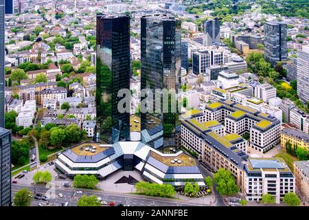 Frankfurt, Deutschland, 05.02.2018: Luftbild an die Deutsche Bank Gebäude in der Stadt Frankfurt am Main, Deutschland Stockfoto