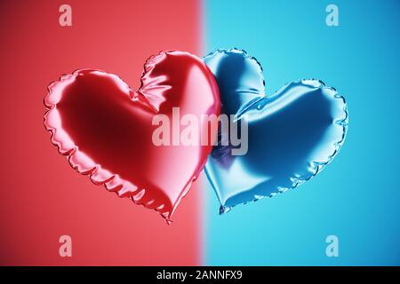 Zwei Farbballons. Blaue und rote, herzförmige Folienballons, isolierter, geteilter Hintergrund. Liebe. Feiertagsfeier. Partydekoration zum Valentinstag. Stockfoto