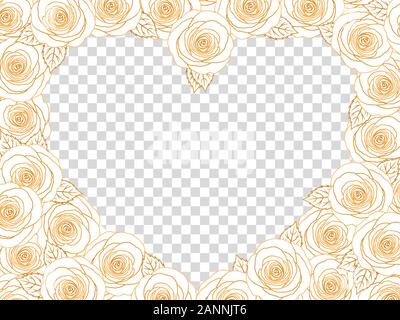 Gold Rose Herz Bilderrahmen. Florale Top Anzeigen Flach Bild Grenze. Golden glänzenden Höhenlinien Rosen mit Blättern, transparenten Hintergrund. Ha Stock Vektor