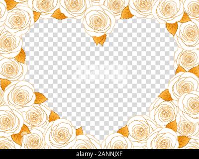 Gold Rose Herz Bilderrahmen. Florale Top Anzeigen Flach Bild Grenze. Glänzend Höhenlinien Rosen mit goldenen Blättern, transparenten Hintergrund. Hand gezeichnet Stock Vektor