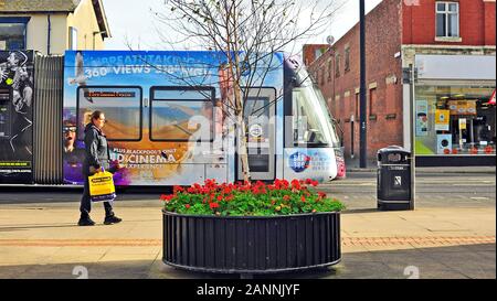 Straßenbahn vorbei an einsamen Shopper entlang Lord Street, Fleetwood, Großbritannien Stockfoto