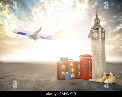 Flug nach London, Großbritannien. Vintage Koffer mit Symbolen der UK London, Big Ben und Rot stand. Reise und Tourismus Konzept. 3D-Darstellung Stockfoto